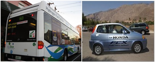 Bus dan mobil yang digerakkan dengan sel bahan bakar hidrogen di Perth, Australia (gambar kiri) dan di Los Angeles, Amerika Serikat (gambar kanan)