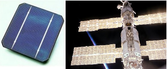 Gambar kiri adalah sel surya yang terbuat dari silicon wafer monocrystaline. Gambar kanan menunjukkan panel surya di stasiun ruang angkasa internasional  yang menyerap cahaya dari kedua sisinya. Sel surya seperti ini lebih efisien jika beroperasi pada suhu rendah.