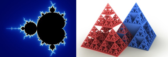 Dua contoh fraktal. Gambar kiri adalah Mandelbrot Set, sedangkan gambar kanan adalah Sierpinski Pyramid. Masing-masing bentuk berdimensi pecahan dan memiliki sifat self-similarity.