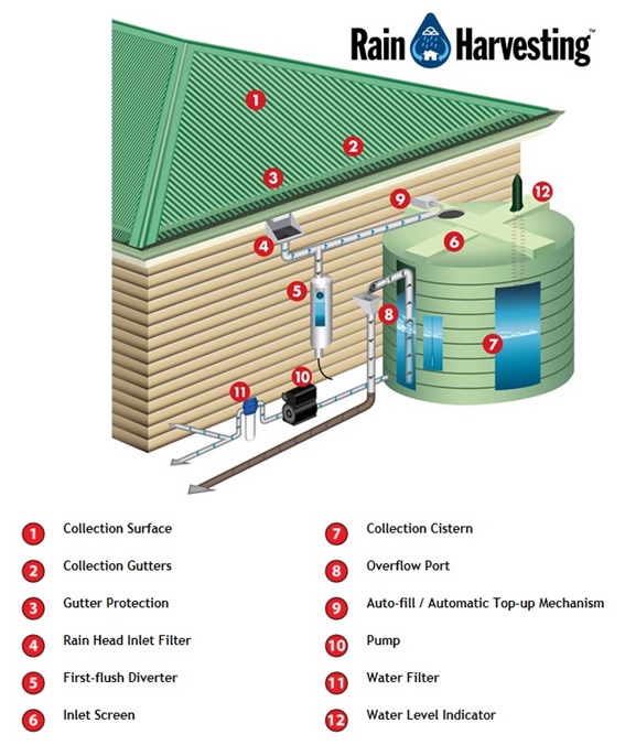 Bagian-bagian dalam teknologi rain harvesting (gambar dari: http://www.watercache.com).