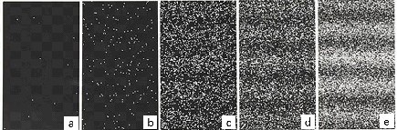 Gambar (a) hingga (e) menunjukkan akumulasi titik lokasi elektron yang tiba di layar. Sumber: Wikipedia.