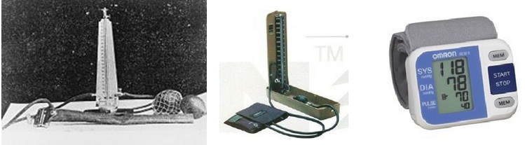 Gambar dari kiri ke kanan: tensimeter penemuan dr Korotkov, tensimeter air raksa, dan tensimeter digital.