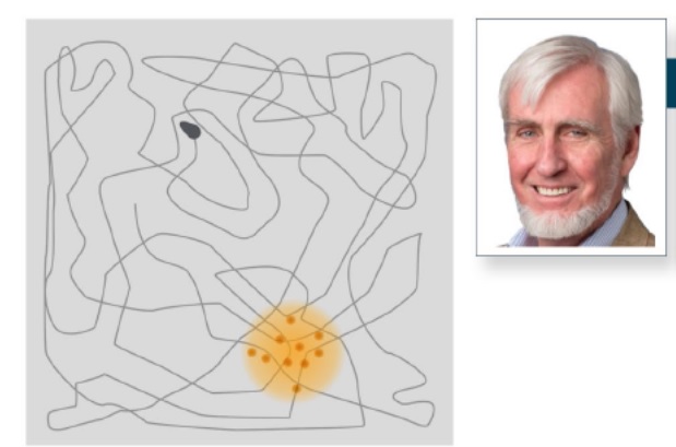 John O`Kofee dan konsep place cells (titik-titik oranye) yang menyusun rangkaian jalan membentuk peta di hipokampus.