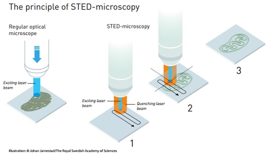  Prinsip mikroskop STED, dibandingkan dengan mikroskop konvensional.