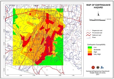 Contoh peta kerentanan bencana gempa bumi daerah sekitar Kota Yogyakarta.