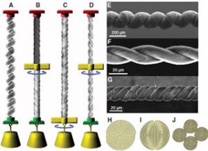 Carbon nanotube dipilin menjadi otot buatan (penelitian M. D. Lima dkk, dipublikasikan di majalah Science tahun 2012).