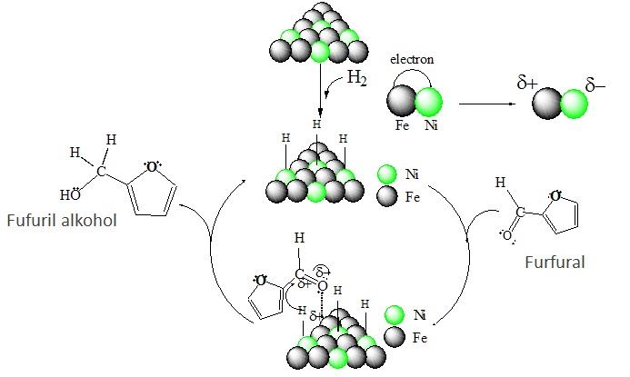Skema perkiraan mekanisme reaksi hidrogenasi gugus karbonil yang terjadi pada furfural.