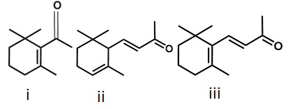 Struktur kimia turunan senyawa flavor turunan karotenoid yang ditemukan pada daun pandan (i) b-cyclocitral, (ii)  α-ionone, dan (iii) b-ionone.