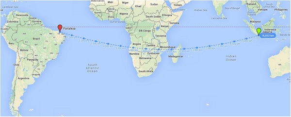 Jarak terdekat Fortaleza – Jakarta berdasarkan Google Maps, tidak berbentuk garis lurus.