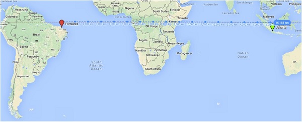 Jarak “garis lurus” Fortaleza – Jakarta berdasarkan Google Maps bukanlah jarak terdekat.