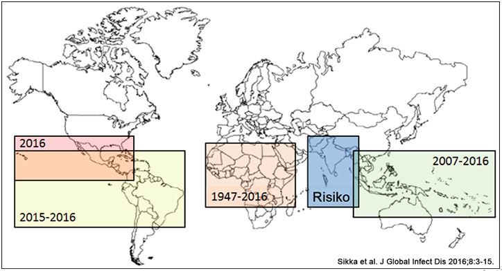 Pola Wabah Virus Zika di Dunia Tahun 1947-2016 serta Perkiraan Risiko Wabah Virus Zika di Masa Depan. Sumber: Sikka V, et al. J Glob Infect Dis. 2016;8(1):3-15.