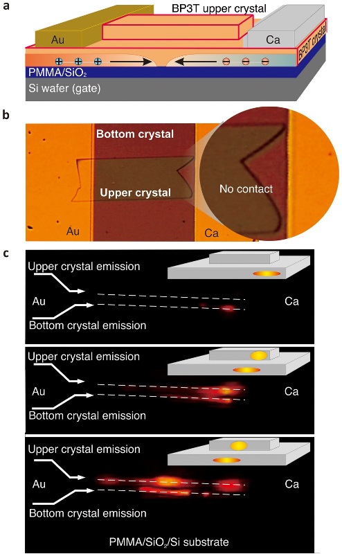  (a) Prinsip kerja dari SCLET terbaru. Terlihat bagaimana kombinasi struktur ambipolar transistor yang bersifat sebagai saklar arus baik untuk pembawa muatan hole dan juga electron. Karena hole dan electron bisa bekerja bersama-sama di devais ini, keduanya bisa bertemu dan menghasilkan cahaya. Di struktur terbaru ini, digunakan dua buah kristal organik, dimana satu berfungsi sebagai pembangkit cahaya dan yang satu lagi berfungsi sebagai cermin tempat berpantulnya cahaya. (b) Penampakan dari kedua kristal tersebut. (c) Cahaya yang diemisikan oleh devais ini, dilihat dari sisi tepian kristal tunggalnya. Adapun spektrum dari cahaya ini menunjukkan sifat-sifat yang menyerupai cahaya laser. Sumber gambar: S. Z. Bisri et. al. Sci. Rep. 2, 985 (2012).