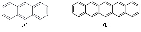 (a) Anthracene, dan (b) pentacene: molekul aromatik dengan elektron π terkonjugasi yang bersifat konduktif.