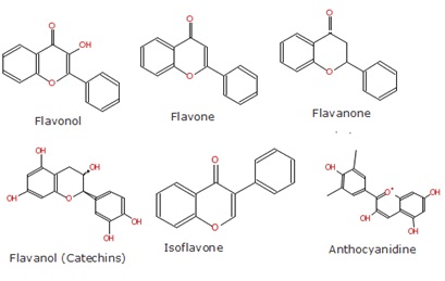 Struktur kimia beberapa senyawa flavonoid.