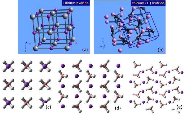 Struktur kristal (a) LiH, (b) CaH2, (c) α-NaBH4, (d) β-NaBH4, dan (e) γ-NaBH4. Sumber gambar: http://www.webelements.com dan http://www.wikipedia.org 