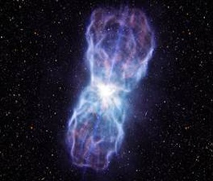 Ilustrasi artistik untuk outflow besar yang dikeluarkan dari Quasar SDSS J1106 1939. (ESO / L. Calçada)