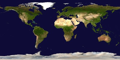 Proyeksi silinder ekuirektangular sederhana (plate carrée) muka planet Bumi. Sumber gambar: Wikipedia.