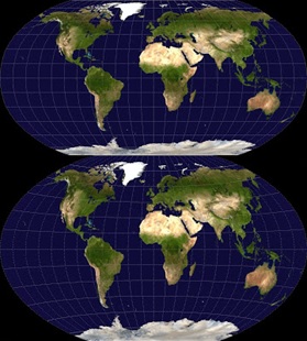 Proyeksi Robinson (atas) dan proyeksi Winkel tripel (bawah). Sumber gambar: Wikipedia.
