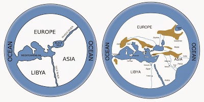 Rekonstruksi peta dunia versi Anaximander (610-546 SM; kiri) dan Hecataeus (550-476 SM; kanan). Peta Hecataeus diadaptasi dari peta milik Anaximander, yang dimodifikasi dengan memberikan detail lebih. Sumber gambar: Wikipedia.