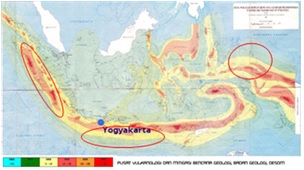 Peta daerah dengan potensi gempa di Indonesia. Sumber gambar: Pusat Vulkanologi dan Mitigasi Bencana Geologi, Badan Geologi, Desom.